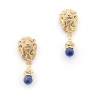 Bill Skinner Gold Lion Head Lapis Drop Earrings